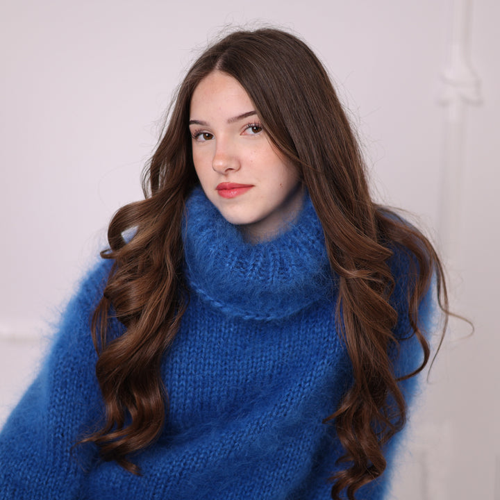 Hand Knitted Mohair Sweater, Blue Fluffy Turtleneck Knit Pullover, Soft Lightweight Sweater T2201