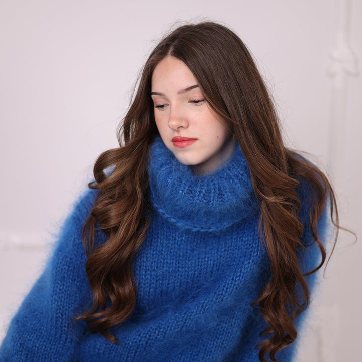 Hand Knitted Mohair Sweater, Blue Fluffy Turtleneck Knit Pullover, Soft Lightweight Sweater T2201
