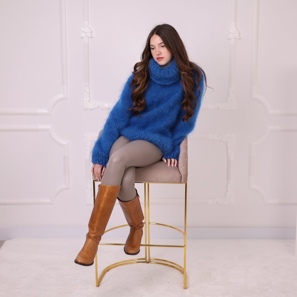 Hand Knitted Mohair Sweater, Blue Fluffy Turtleneck Knit Pullover, Soft Lightweight Sweater T2201