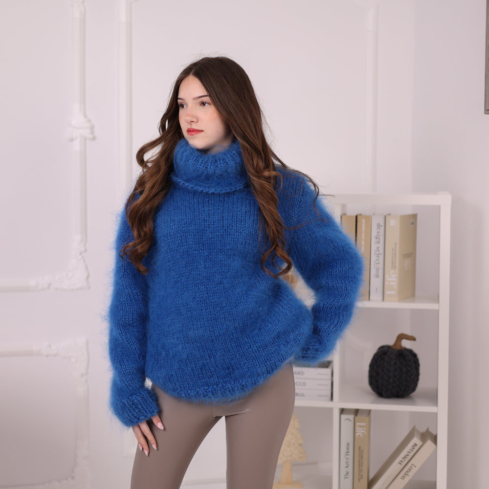 Hand Knitted Mohair Sweater, Blue Fluffy Turtleneck Knit Pullover, Soft Lightweight Sweater T2201