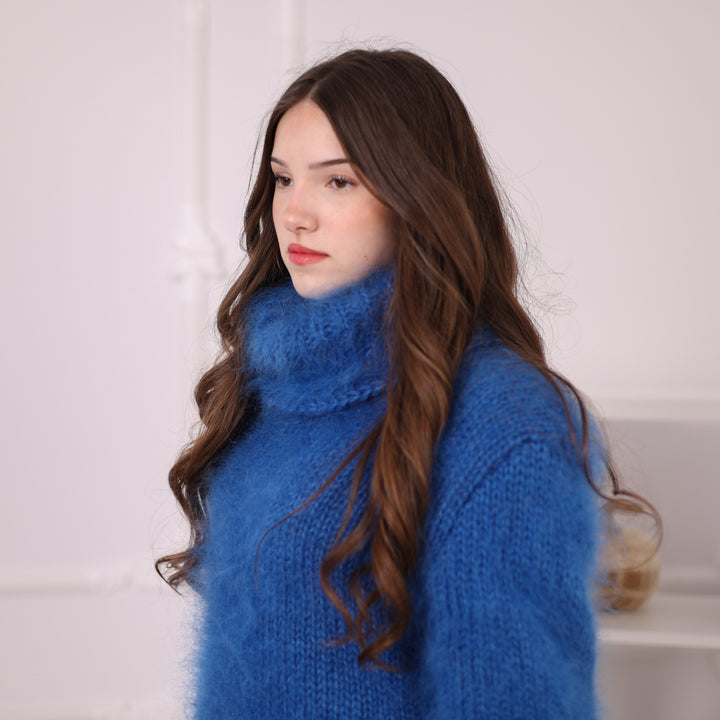 Hand Knitted Mohair Sweater, Blue Fluffy Turtleneck Knit Pullover, Soft Lightweight Sweater T2201