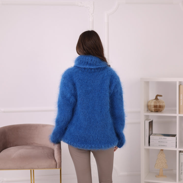 Hand Knitted Mohair Sweater, Blue Fluffy Turtleneck Knit Pullover, Soft Lightweight Sweater T2201