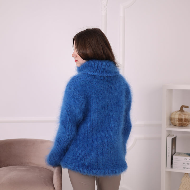 Hand Knitted Mohair Sweater, Blue Fluffy Turtleneck Knit Pullover, Soft Lightweight Sweater T2201