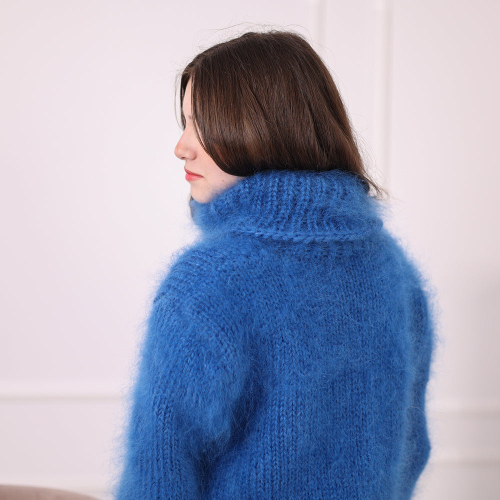 Hand Knitted Mohair Sweater, Blue Fluffy Turtleneck Knit Pullover, Soft Lightweight Sweater T2201