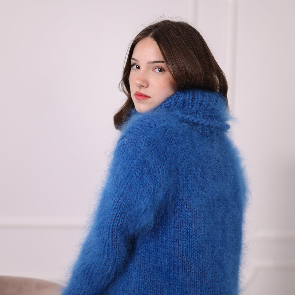 Hand Knitted Mohair Sweater, Blue Fluffy Turtleneck Knit Pullover, Soft Lightweight Sweater T2201