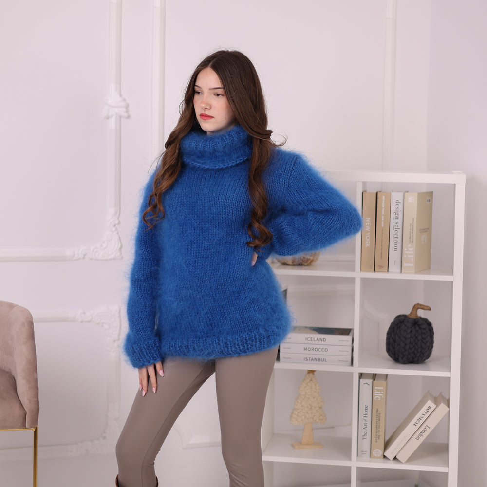 Hand Knitted Mohair Sweater, Blue Fluffy Turtleneck Knit Pullover, Soft Lightweight Sweater T2201