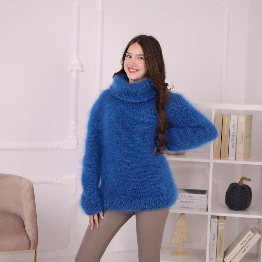 Hand Knitted Mohair Sweater, Blue Fluffy Turtleneck Knit Pullover, Soft Lightweight Sweater T2201