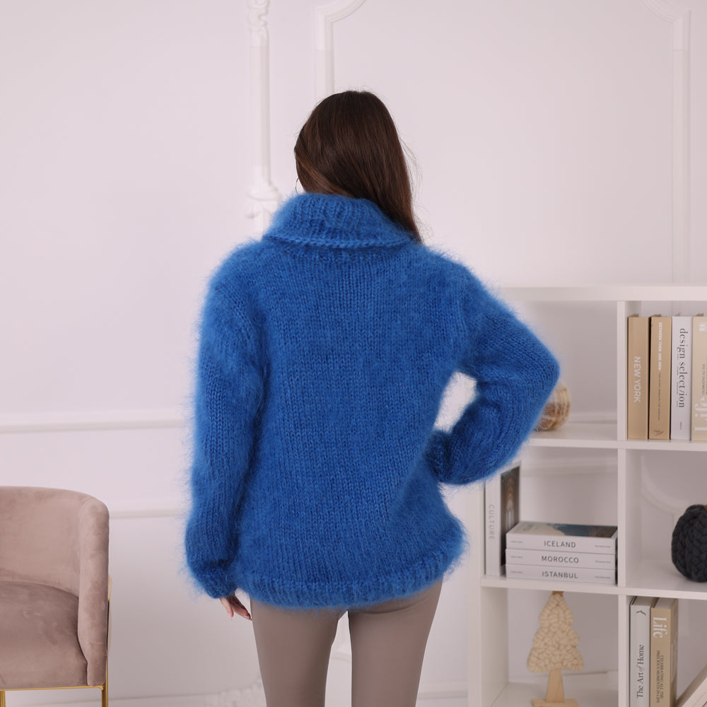 Hand Knitted Mohair Sweater, Blue Fluffy Turtleneck Knit Pullover, Soft Lightweight Sweater T2201