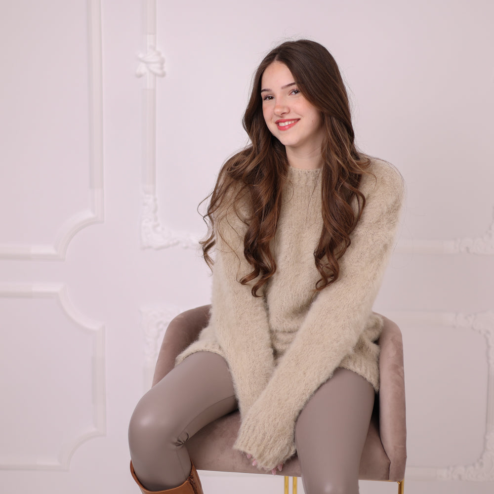Baby Suri Alpaca Sweater, Beige Fluffy Knit Pullover, Soft Lightweight Crewneck Sweater T2199