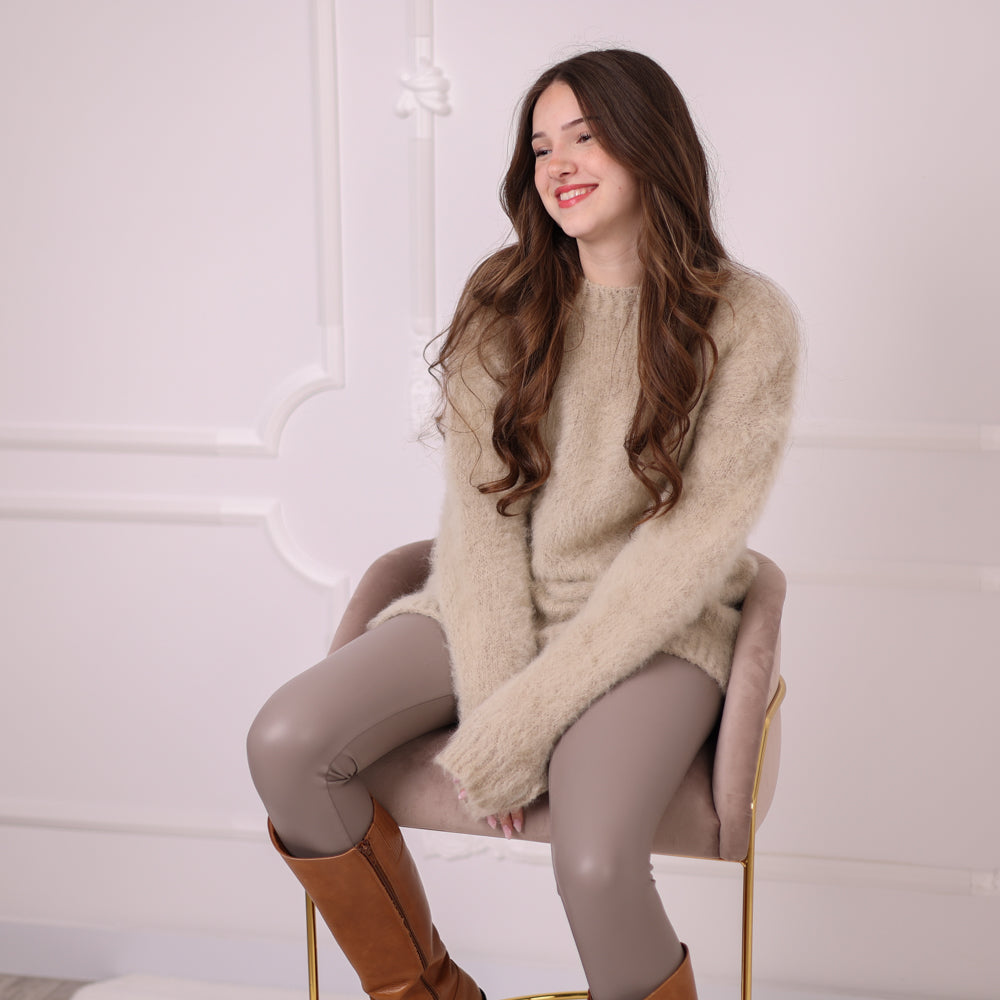 Baby Suri Alpaca Sweater, Beige Fluffy Knit Pullover, Soft Lightweight Crewneck Sweater T2199