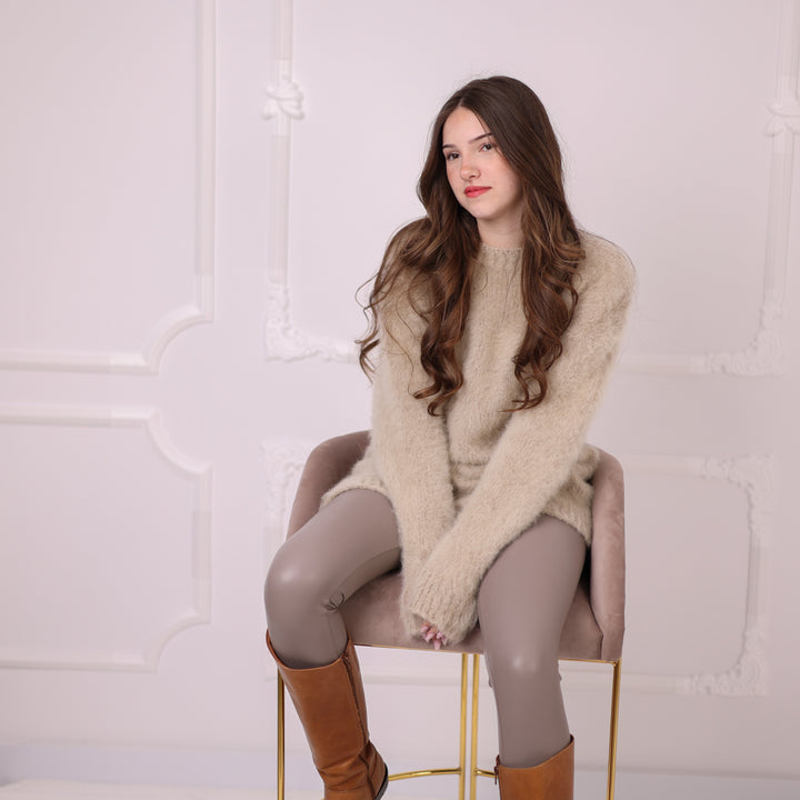 Baby Suri Alpaca Sweater, Beige Fluffy Knit Pullover, Soft Lightweight Crewneck Sweater T2199
