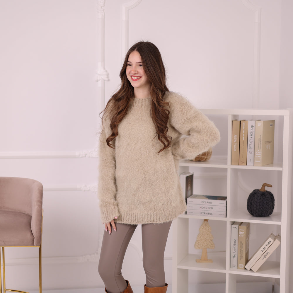 Baby Suri Alpaca Sweater, Beige Fluffy Knit Pullover, Soft Lightweight Crewneck Sweater T2199