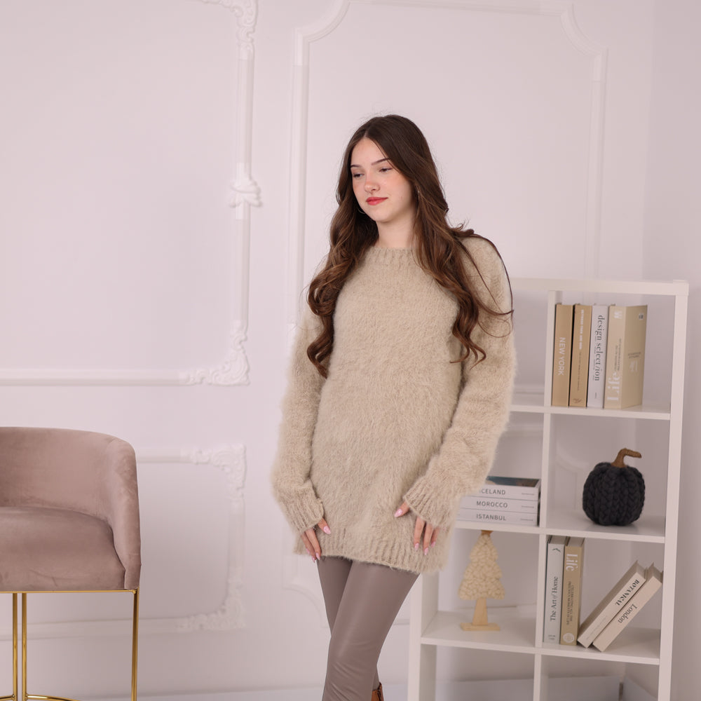 Baby Suri Alpaca Sweater, Beige Fluffy Knit Pullover, Soft Lightweight Crewneck Sweater T2199
