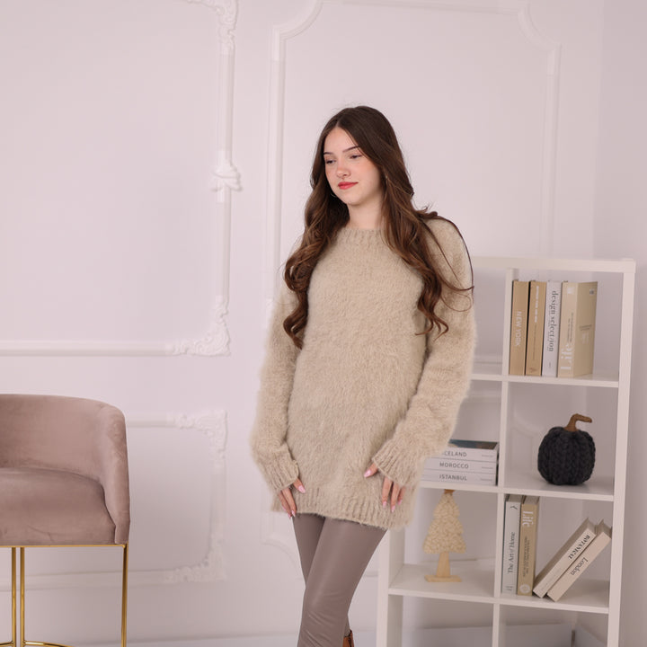 Baby Suri Alpaca Sweater, Beige Fluffy Knit Pullover, Soft Lightweight Crewneck Sweater T2199