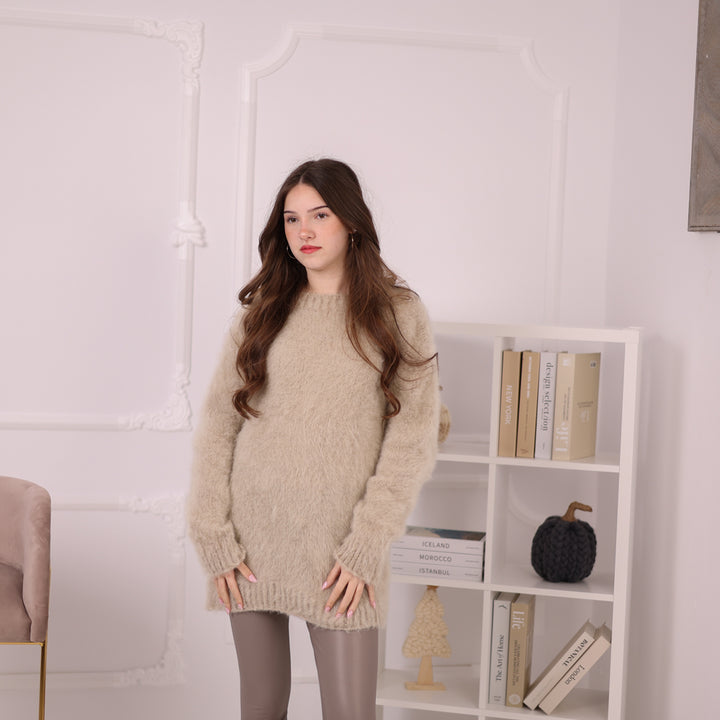 Baby Suri Alpaca Sweater, Beige Fluffy Knit Pullover, Soft Lightweight Crewneck Sweater T2199