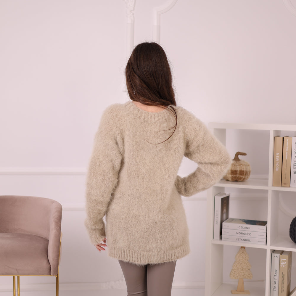 Baby Suri Alpaca Sweater, Beige Fluffy Knit Pullover, Soft Lightweight Crewneck Sweater T2199