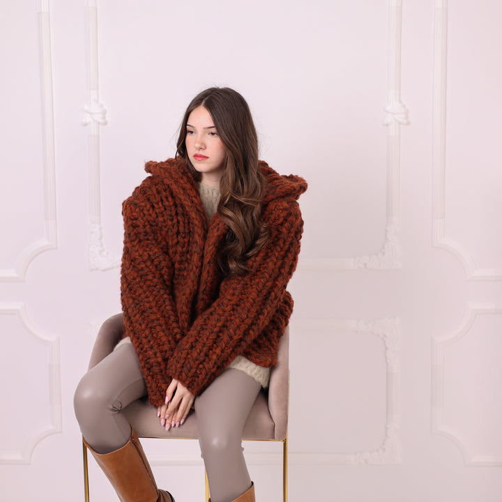 Chunky Rib Knit Cardigan, Hooded Wool Blend Sweater, Melange Oversized Knit Jacket T2194
