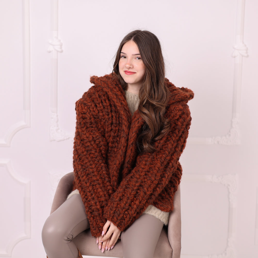 Chunky Rib Knit Cardigan, Hooded Wool Blend Sweater, Melange Oversized Knit Jacket T2194