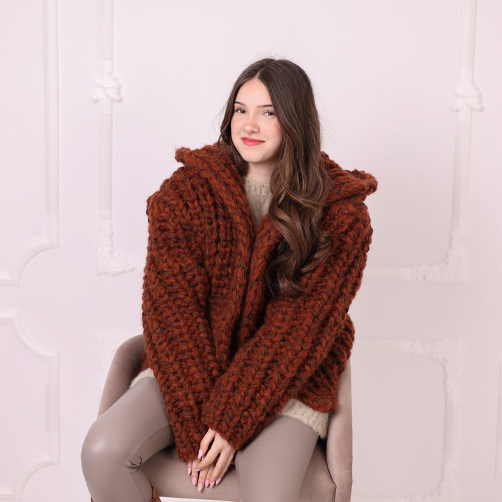 Chunky Rib Knit Cardigan, Hooded Wool Blend Sweater, Melange Oversized Knit Jacket T2194