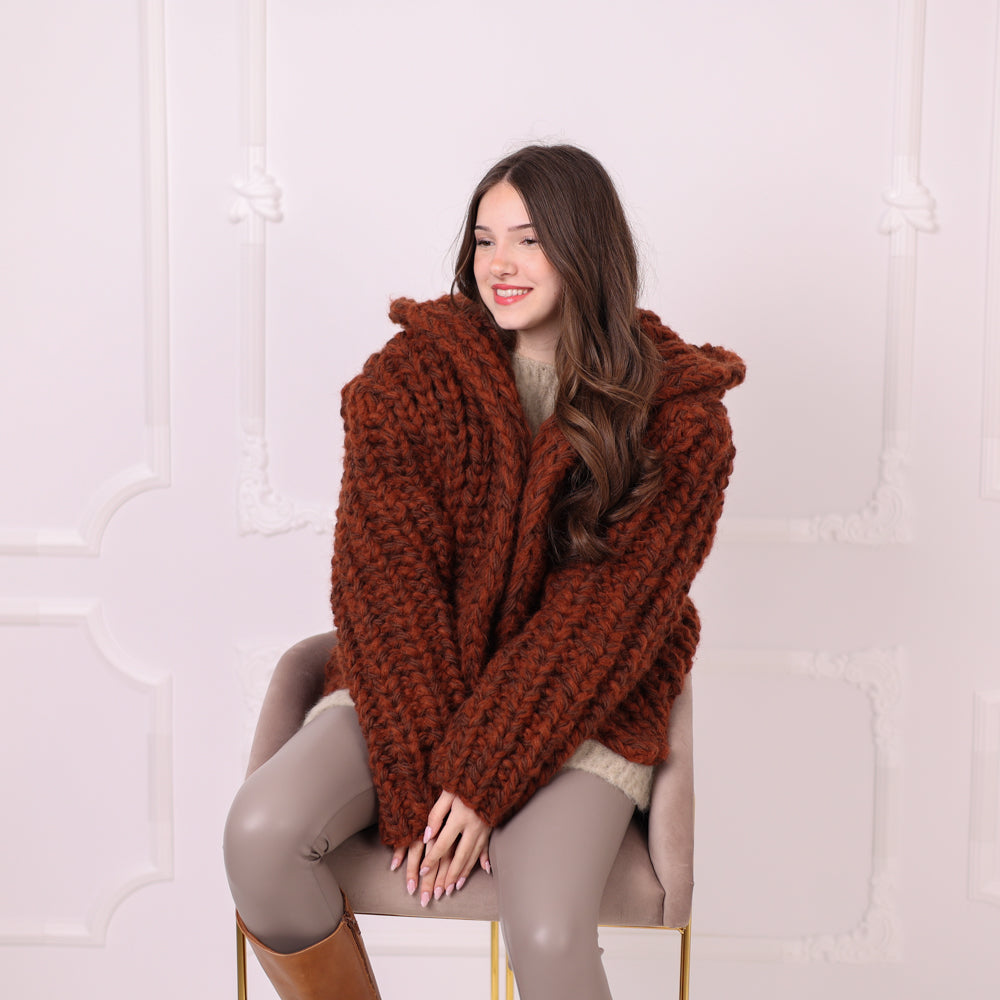 Chunky Rib Knit Cardigan, Hooded Wool Blend Sweater, Melange Oversized Knit Jacket T2194