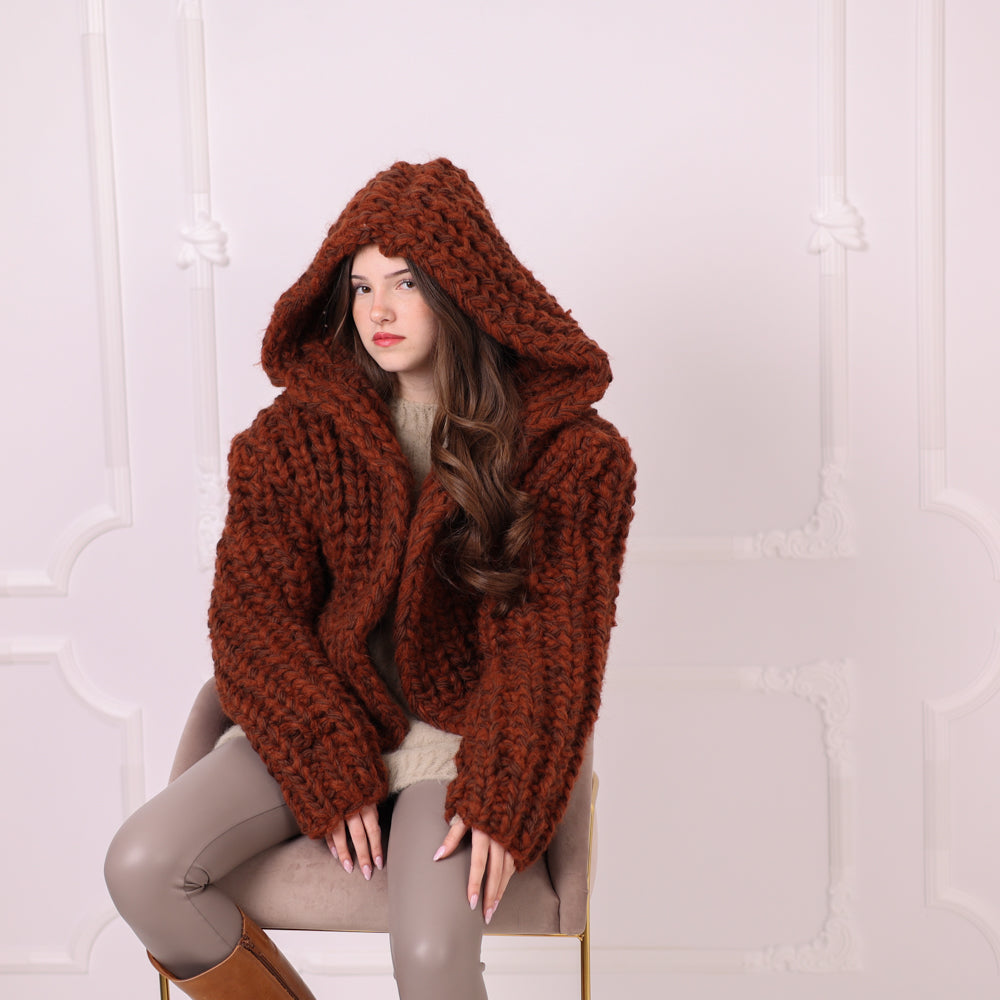 Chunky Rib Knit Cardigan, Hooded Wool Blend Sweater, Melange Oversized Knit Jacket T2194