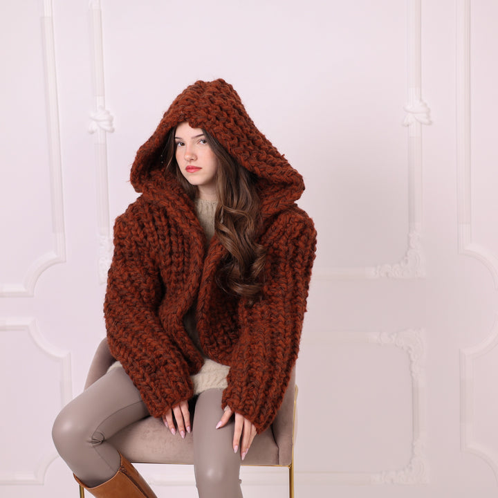 Chunky Rib Knit Cardigan, Hooded Wool Blend Sweater, Melange Oversized Knit Jacket T2194