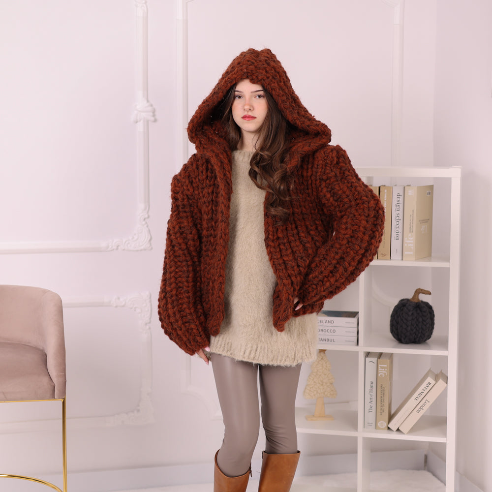 Chunky Rib Knit Cardigan, Hooded Wool Blend Sweater, Melange Oversized Knit Jacket T2194
