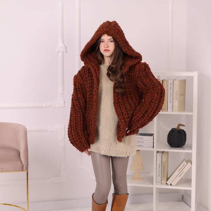 Chunky Rib Knit Cardigan, Hooded Wool Blend Sweater, Melange Oversized Knit Jacket T2194
