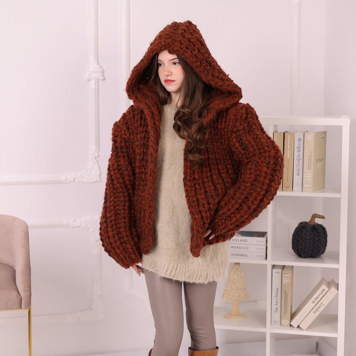 Chunky Rib Knit Cardigan, Hooded Wool Blend Sweater, Melange Oversized Knit Jacket T2194