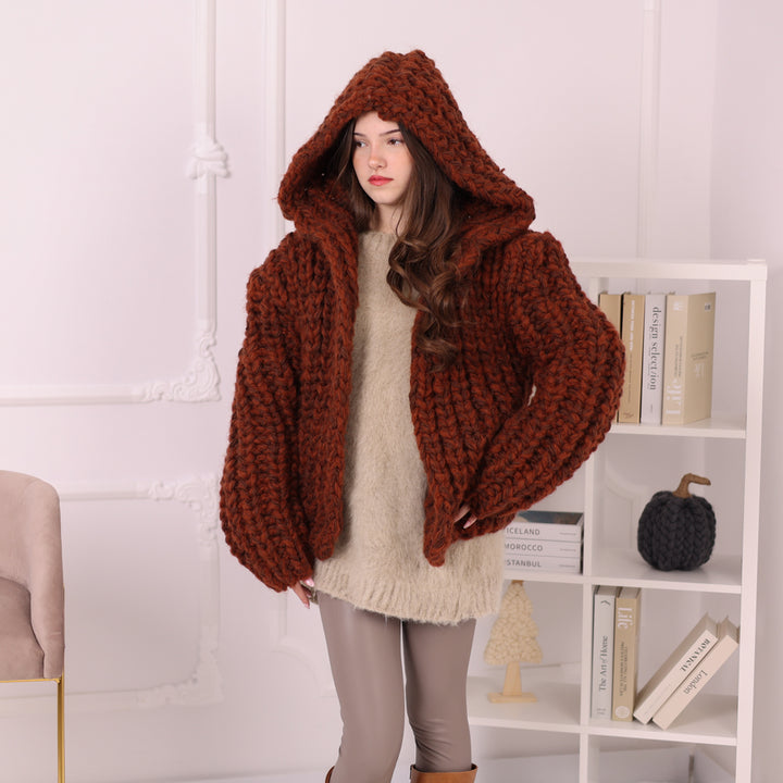 Chunky Rib Knit Cardigan, Hooded Wool Blend Sweater, Melange Oversized Knit Jacket T2194