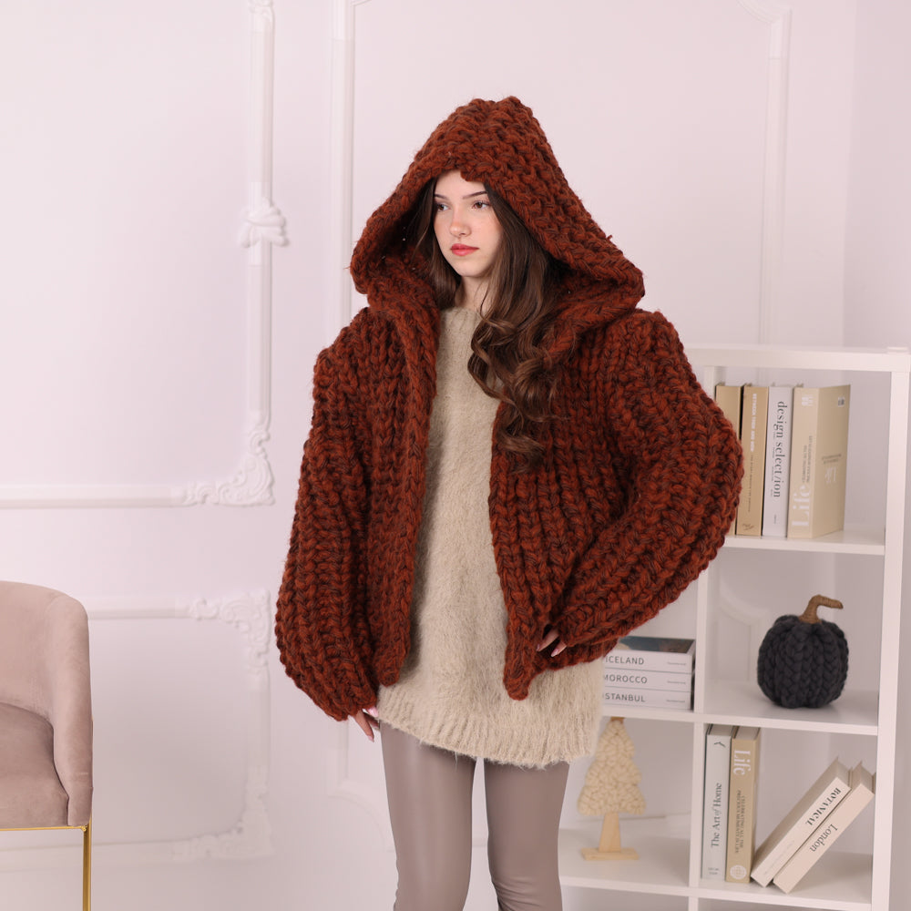 Chunky Rib Knit Cardigan, Hooded Wool Blend Sweater, Melange Oversized Knit Jacket T2194