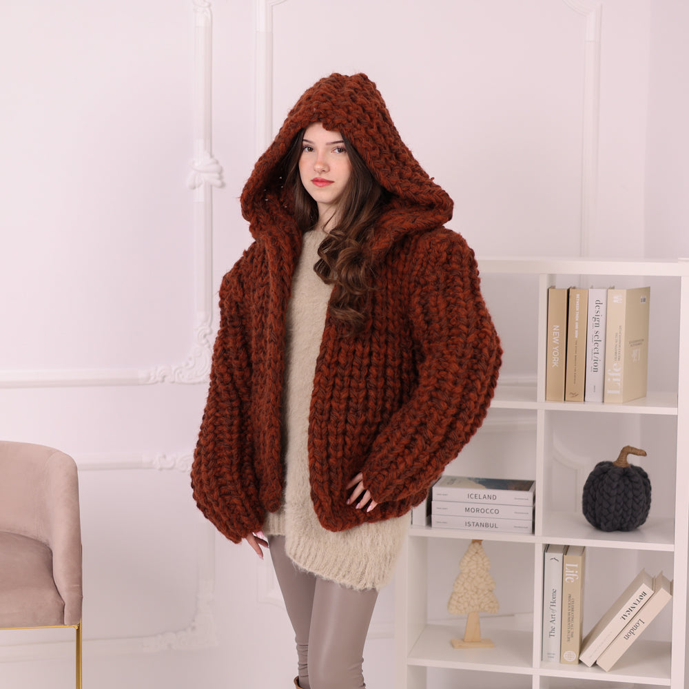 Chunky Rib Knit Cardigan, Hooded Wool Blend Sweater, Melange Oversized Knit Jacket T2194