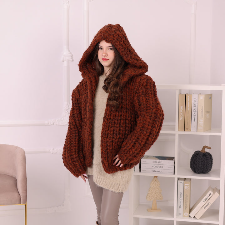 Chunky Rib Knit Cardigan, Hooded Wool Blend Sweater, Melange Oversized Knit Jacket T2194