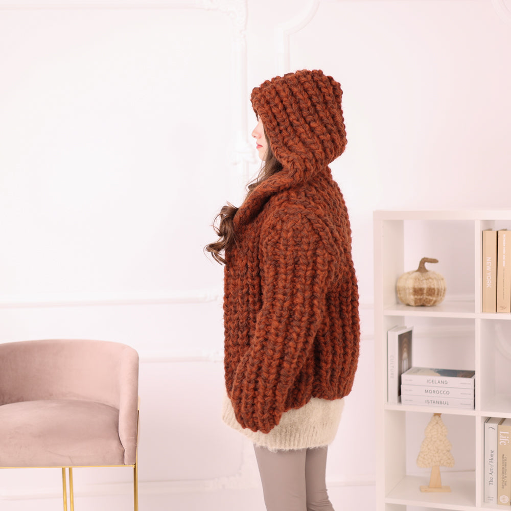 Chunky Rib Knit Cardigan, Hooded Wool Blend Sweater, Melange Oversized Knit Jacket T2194