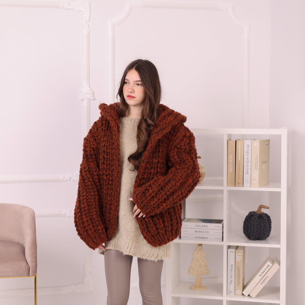 Chunky Rib Knit Cardigan, Hooded Wool Blend Sweater, Melange Oversized Knit Jacket T2194