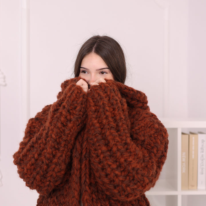 Chunky Rib Knit Cardigan, Hooded Wool Blend Sweater, Melange Oversized Knit Jacket T2194