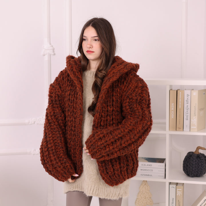 Chunky Rib Knit Cardigan, Hooded Wool Blend Sweater, Melange Oversized Knit Jacket T2194