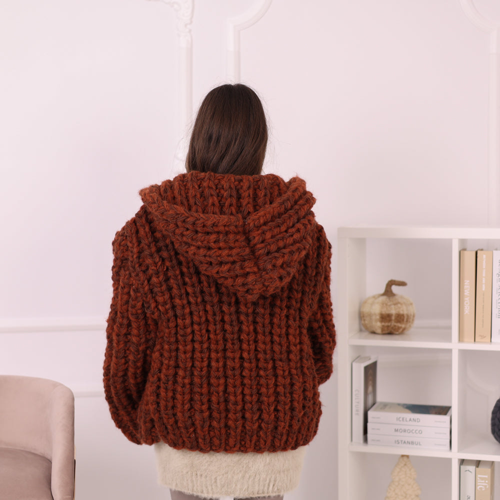 Chunky Rib Knit Cardigan, Hooded Wool Blend Sweater, Melange Oversized Knit Jacket T2194