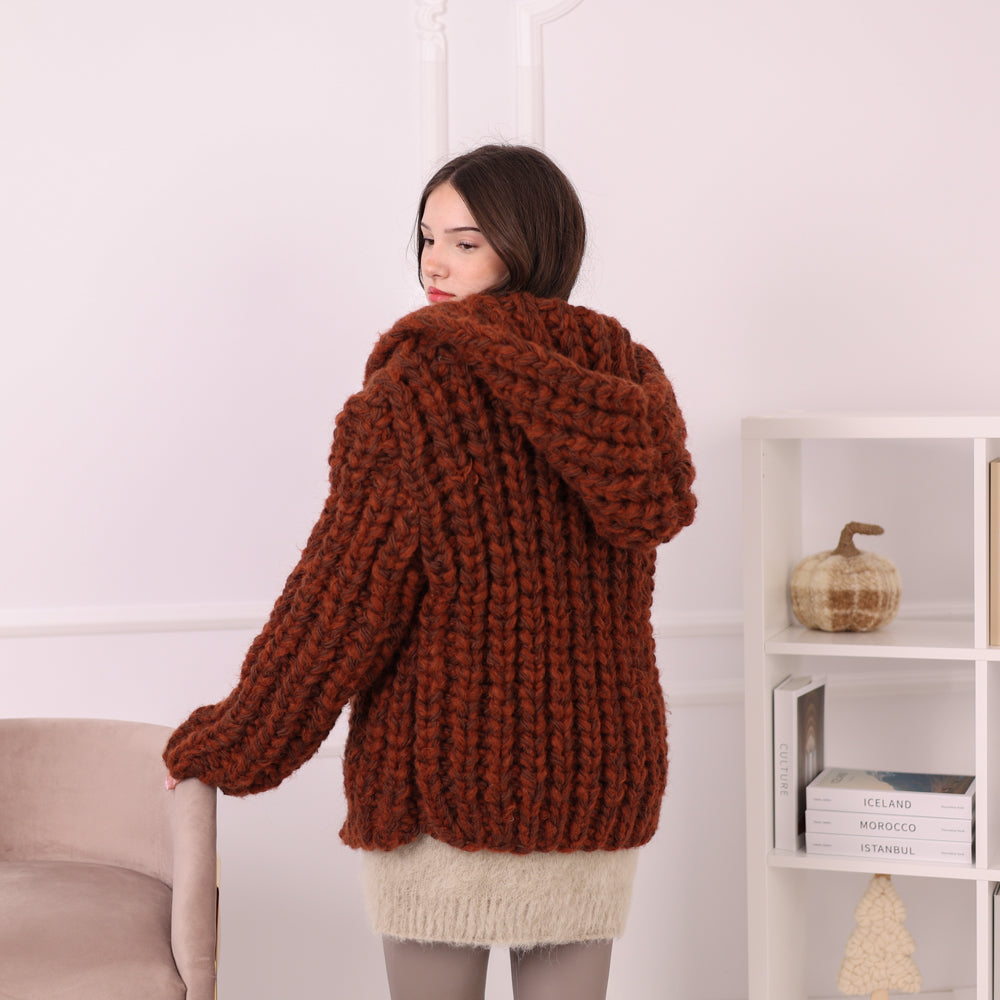 Chunky Rib Knit Cardigan, Hooded Wool Blend Sweater, Melange Oversized Knit Jacket T2194