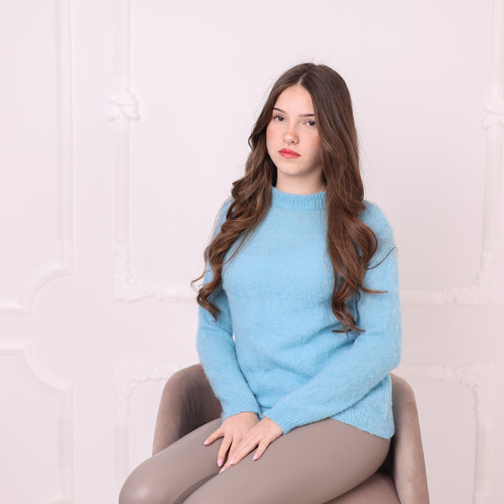 Baby Suri Alpaca Sweater, Baby Blue Fluffy Knit Pullover, Soft Lightweight Crewneck Sweater T2198