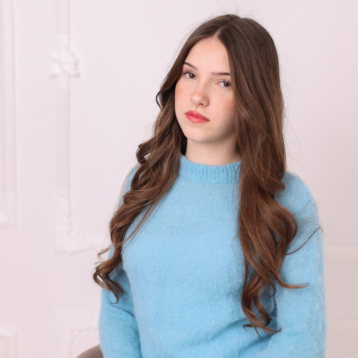 Baby Suri Alpaca Sweater, Baby Blue Fluffy Knit Pullover, Soft Lightweight Crewneck Sweater T2198