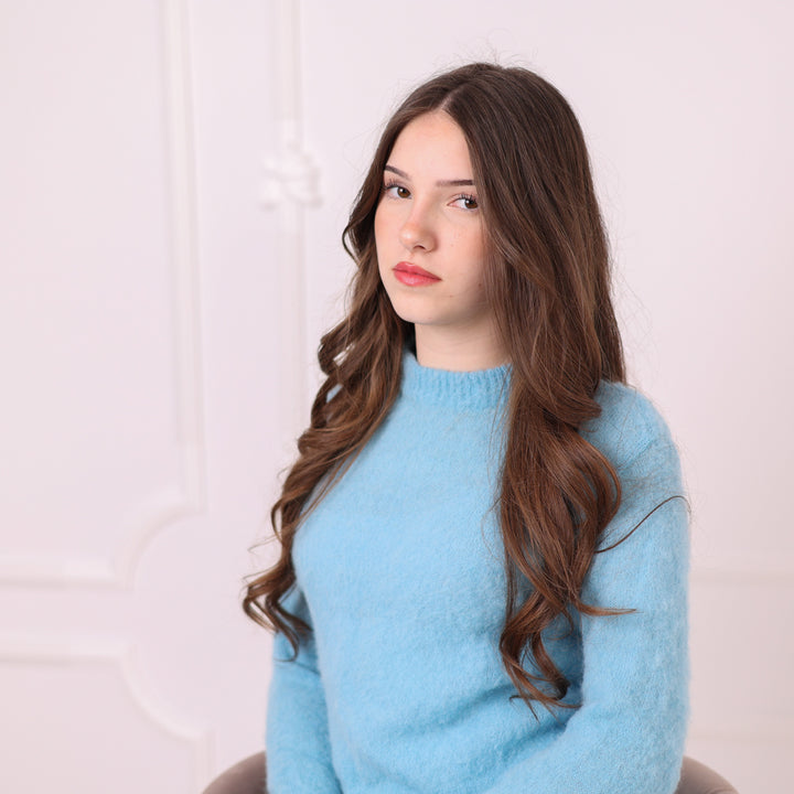 Baby Suri Alpaca Sweater, Baby Blue Fluffy Knit Pullover, Soft Lightweight Crewneck Sweater T2198