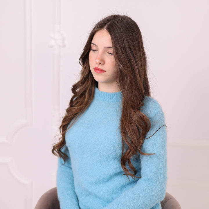 Baby Suri Alpaca Sweater, Baby Blue Fluffy Knit Pullover, Soft Lightweight Crewneck Sweater T2198