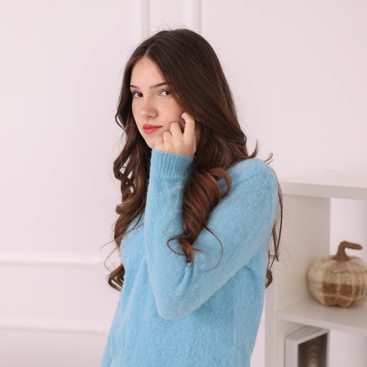 Baby Suri Alpaca Sweater, Baby Blue Fluffy Knit Pullover, Soft Lightweight Crewneck Sweater T2198