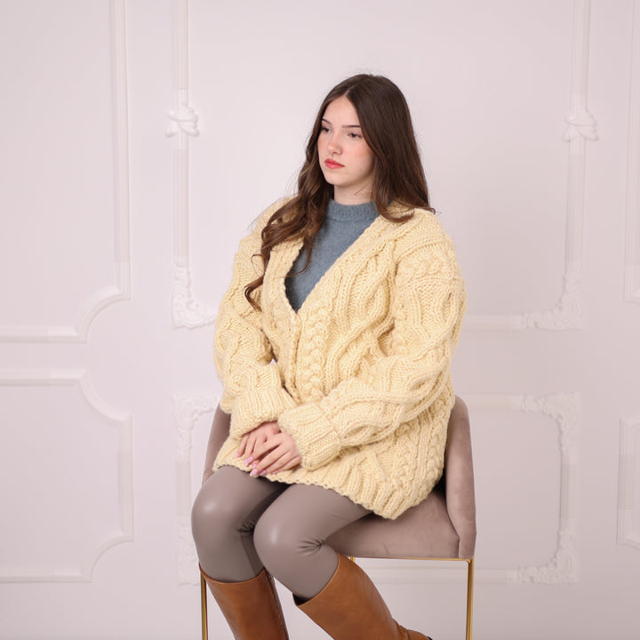 Chunky Wool Cardigan – Hand Knitted 100% Wool Cable Knit Sweater T2195