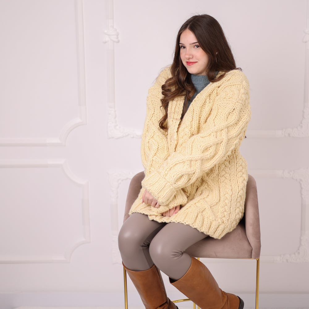 Chunky Wool Cardigan – Hand Knitted 100% Wool Cable Knit Sweater T2195