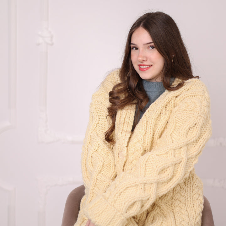 Chunky Wool Cardigan – Hand Knitted 100% Wool Cable Knit Sweater T2195