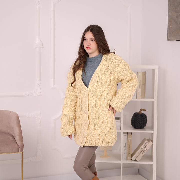 Chunky Wool Cardigan – Hand Knitted 100% Wool Cable Knit Sweater T2195