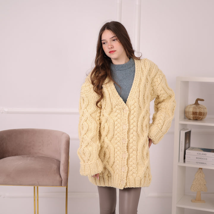 Chunky Wool Cardigan – Hand Knitted 100% Wool Cable Knit Sweater T2195