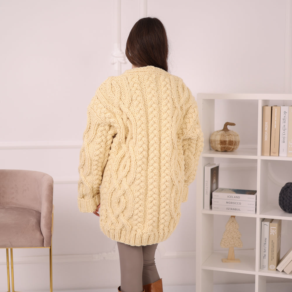 Chunky Wool Cardigan – Hand Knitted 100% Wool Cable Knit Sweater T2195